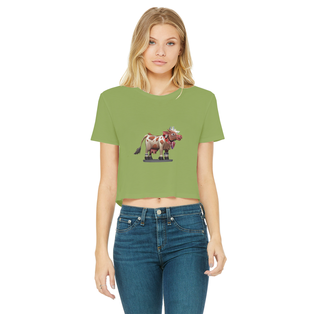 Light Brown Cow Classic Women's Cropped Raw Edge T-Shirt featuring a raw edge hem and short sleeves, made from soft cotton.