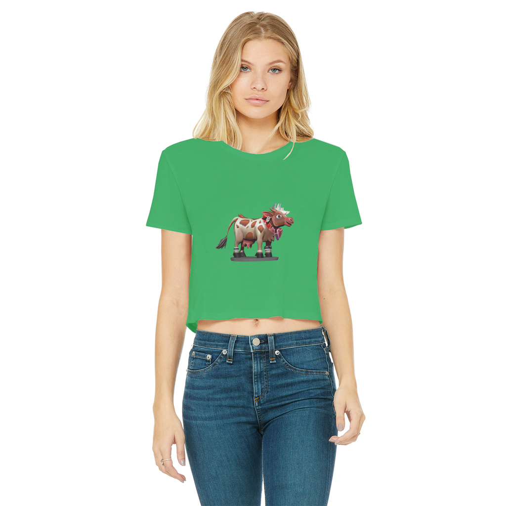 Light Brown Cow Classic Women's Cropped Raw Edge T-Shirt featuring a raw edge hem and short sleeves, made from soft cotton.