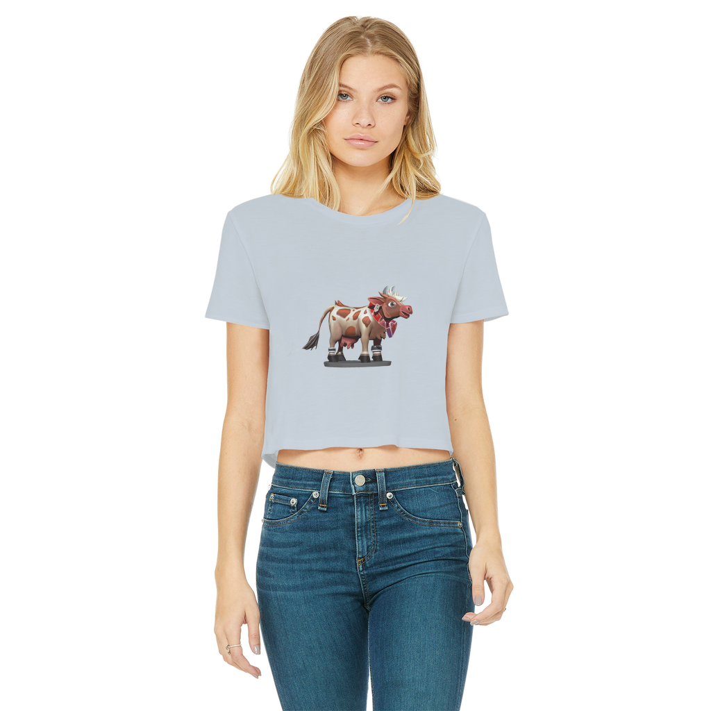 Light Brown Cow Classic Women's Cropped Raw Edge T-Shirt featuring a raw edge hem and short sleeves, made from soft cotton.