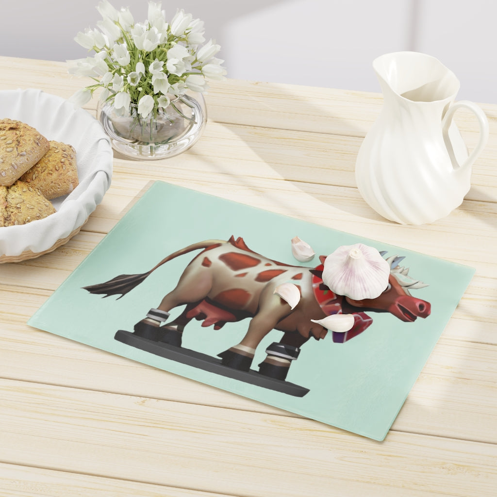 Light Brown Cow Cutting Board made of tempered glass with rubber dots for stability, featuring a unique cow design.