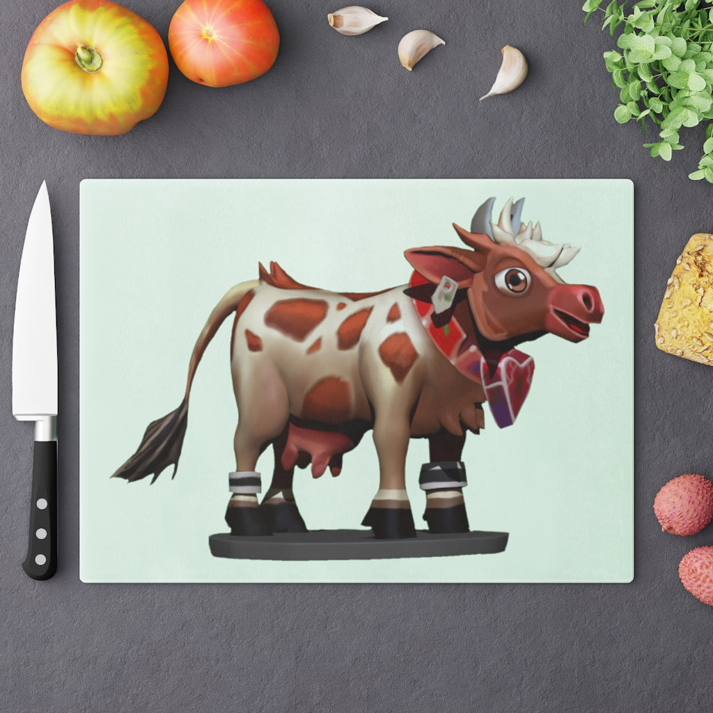 Light Brown Cow Cutting Board made of tempered glass with rubber dots for stability, featuring a unique cow design.