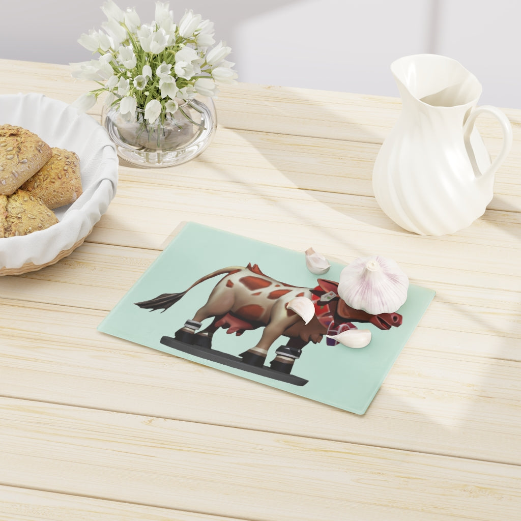 Light Brown Cow Cutting Board made of tempered glass with rubber dots for stability, featuring a unique cow design.