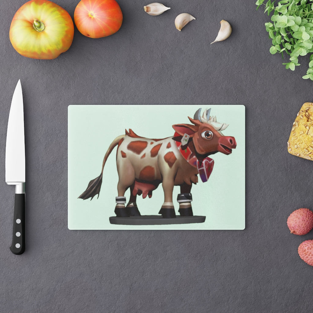 Light Brown Cow Cutting Board made of tempered glass with rubber dots for stability, featuring a unique cow design.