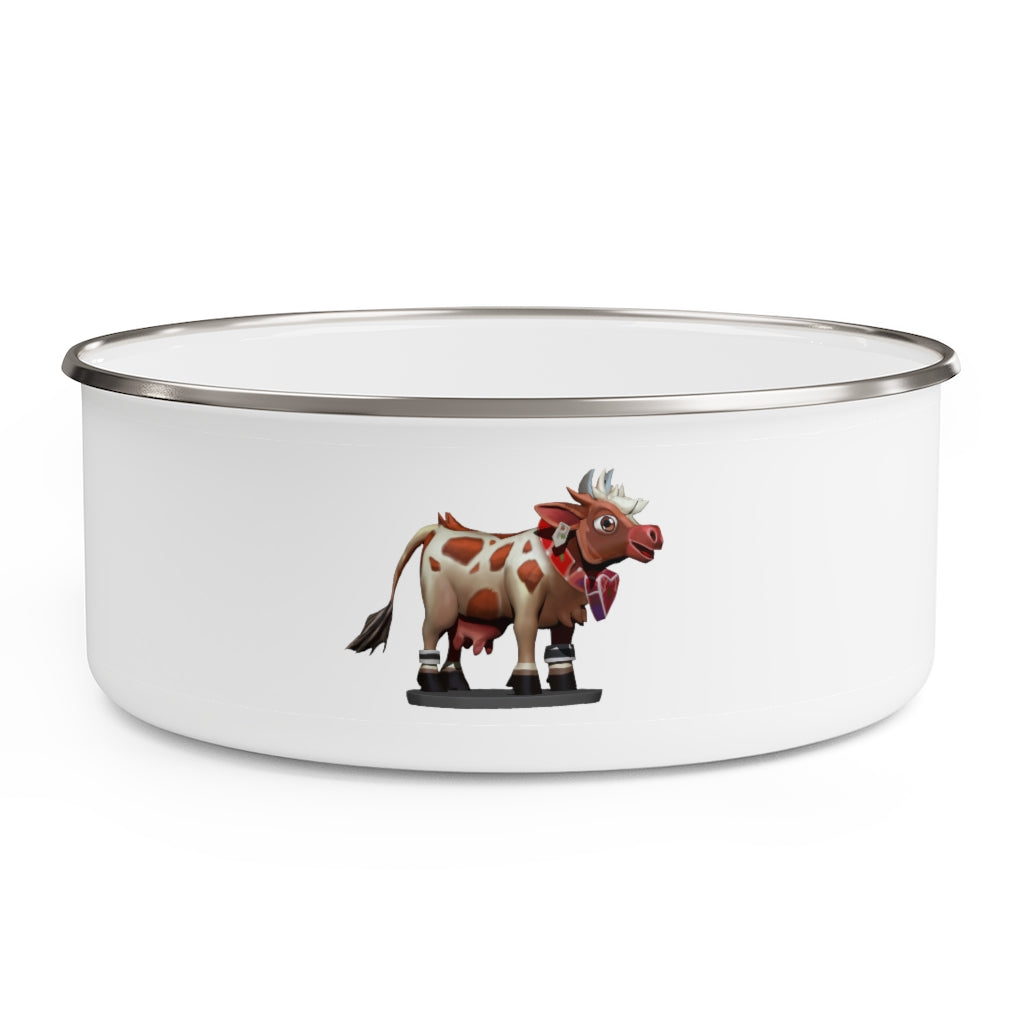 Light Brown Cow Enamel Bowl made of stainless steel with a whimsical cow design and translucent plastic lid.