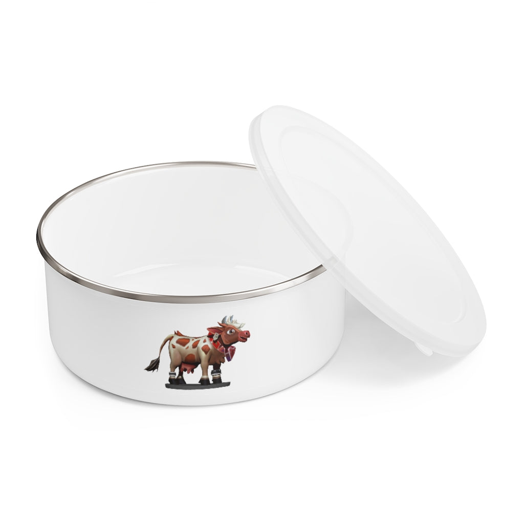 Light Brown Cow Enamel Bowl made of stainless steel with a whimsical cow design and translucent plastic lid.