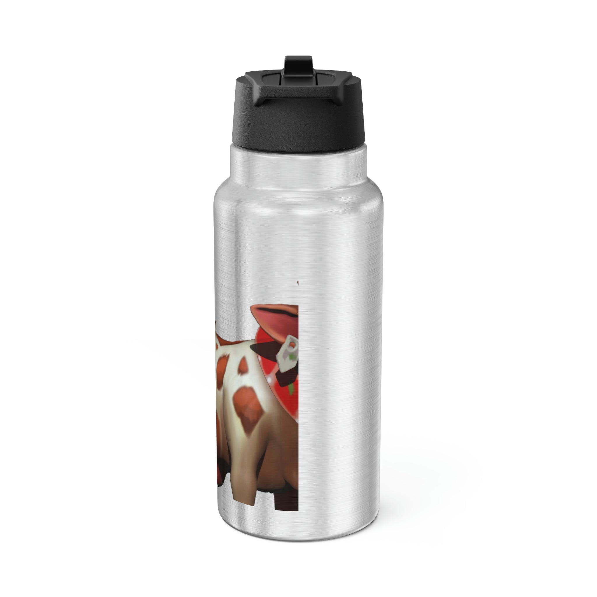 Light Brown Cow Gator Tumbler, 32oz, stainless steel with a black screw-on cap and plastic straw, featuring a customizable design.