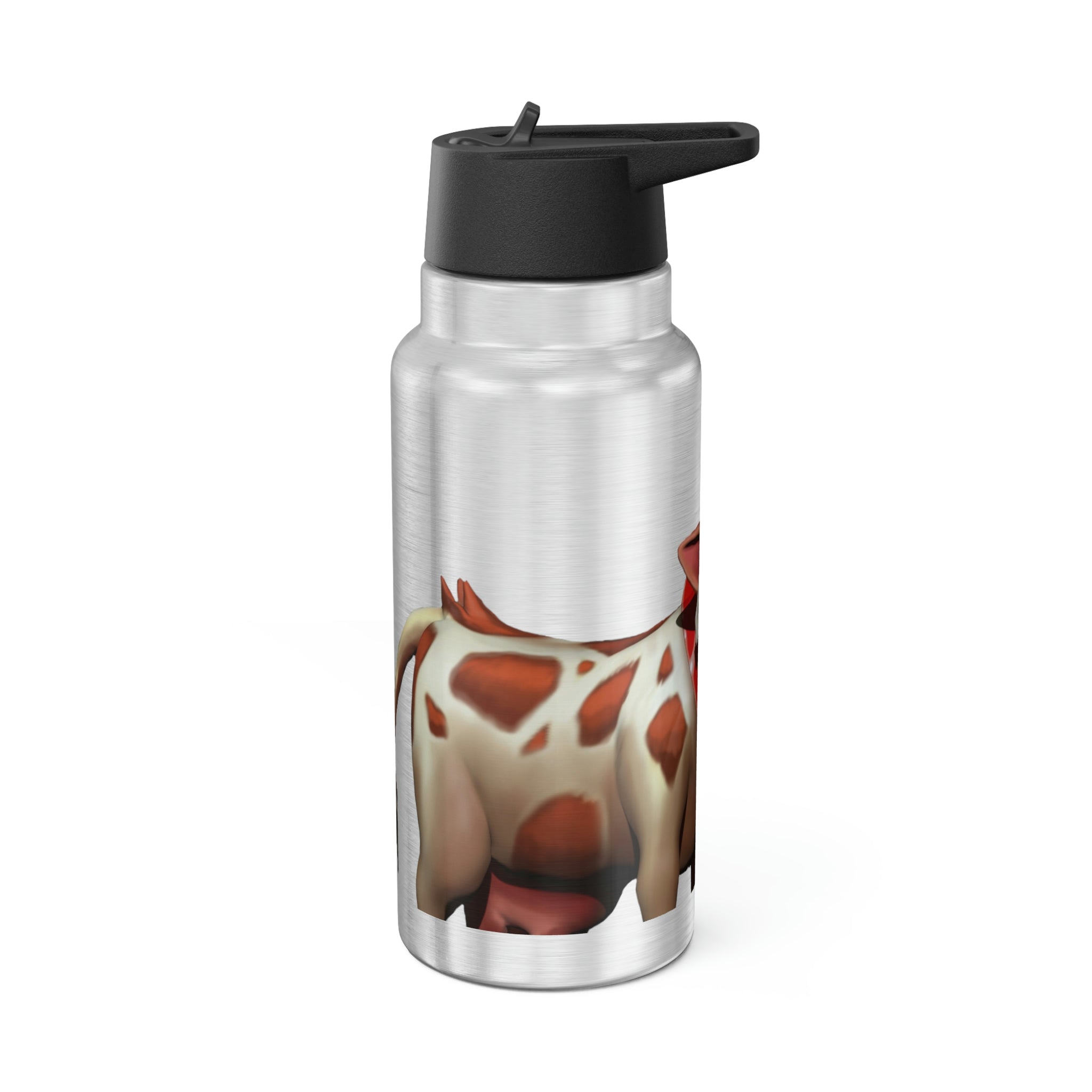 Light Brown Cow Gator Tumbler, 32oz, stainless steel with a black screw-on cap and plastic straw, featuring a customizable design.