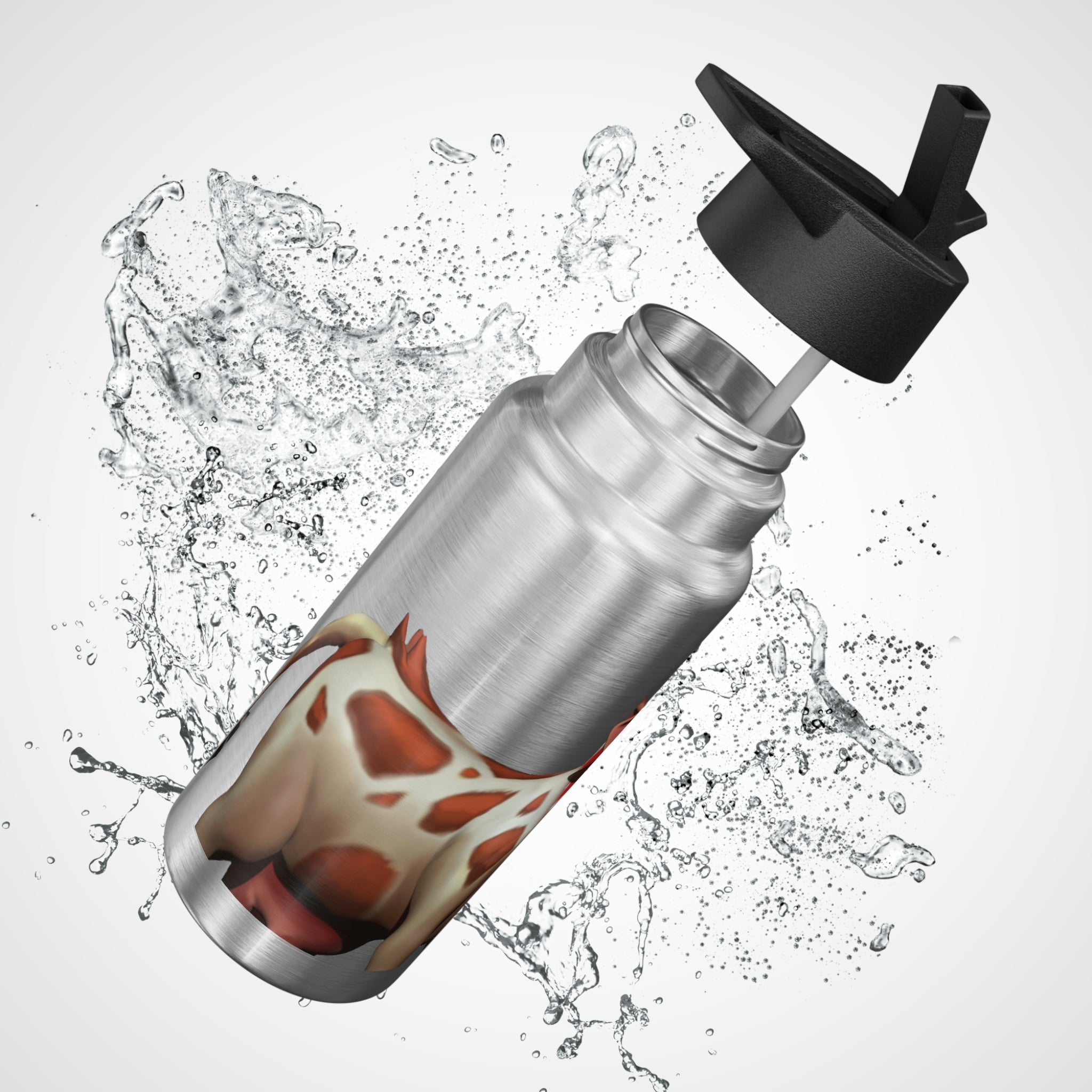 Light Brown Cow Gator Tumbler, 32oz, stainless steel with a black screw-on cap and plastic straw, featuring a customizable design.