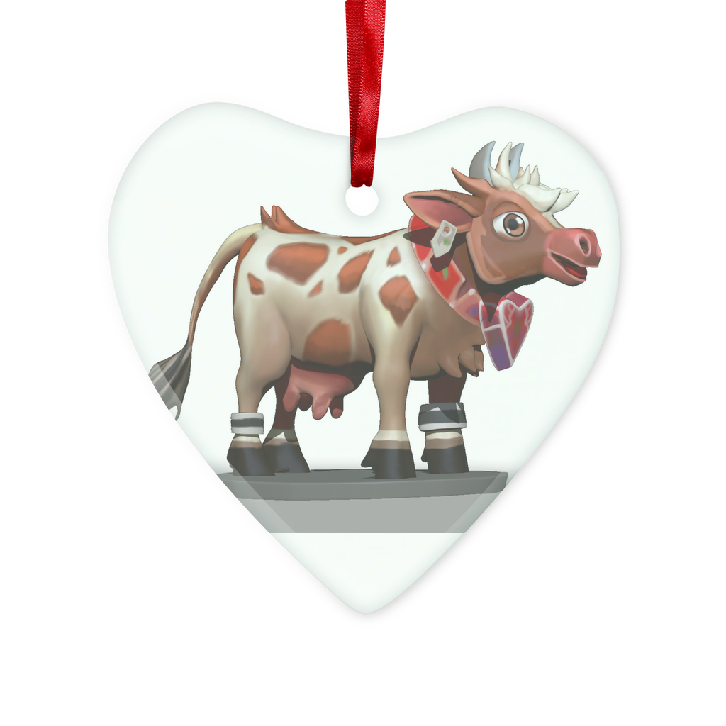 Light Brown Cow Glass Hanging Ornament with red ribbon and gold string, available in round and heart shapes, elegantly packaged in a white box.