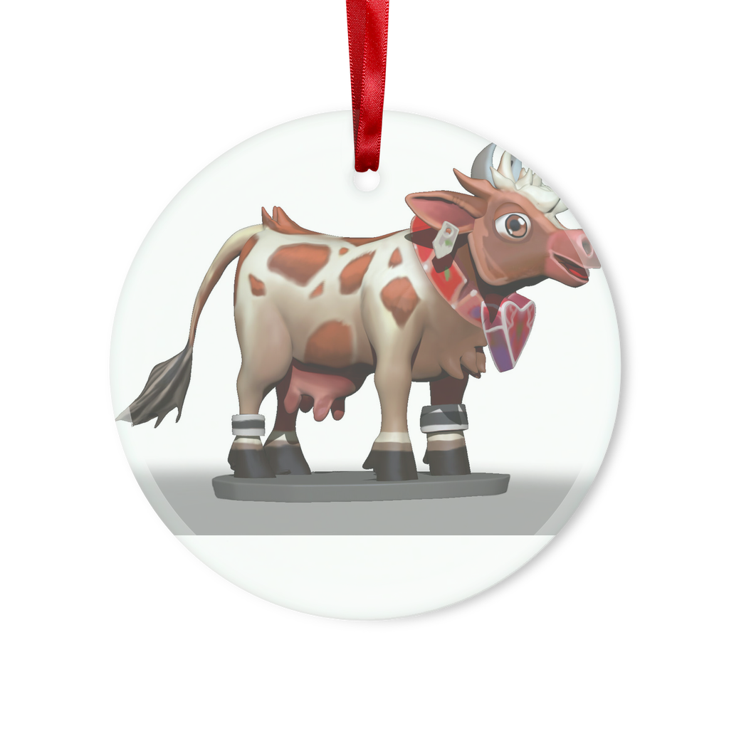 Light Brown Cow Glass Hanging Ornament with red ribbon and gold string, available in round and heart shapes, elegantly packaged in a white box.