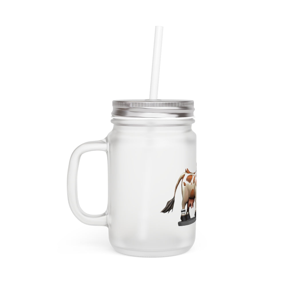 Light Brown Cow Mason Jar with straw and lid, made of frosted glass, perfect for personalized drinks.