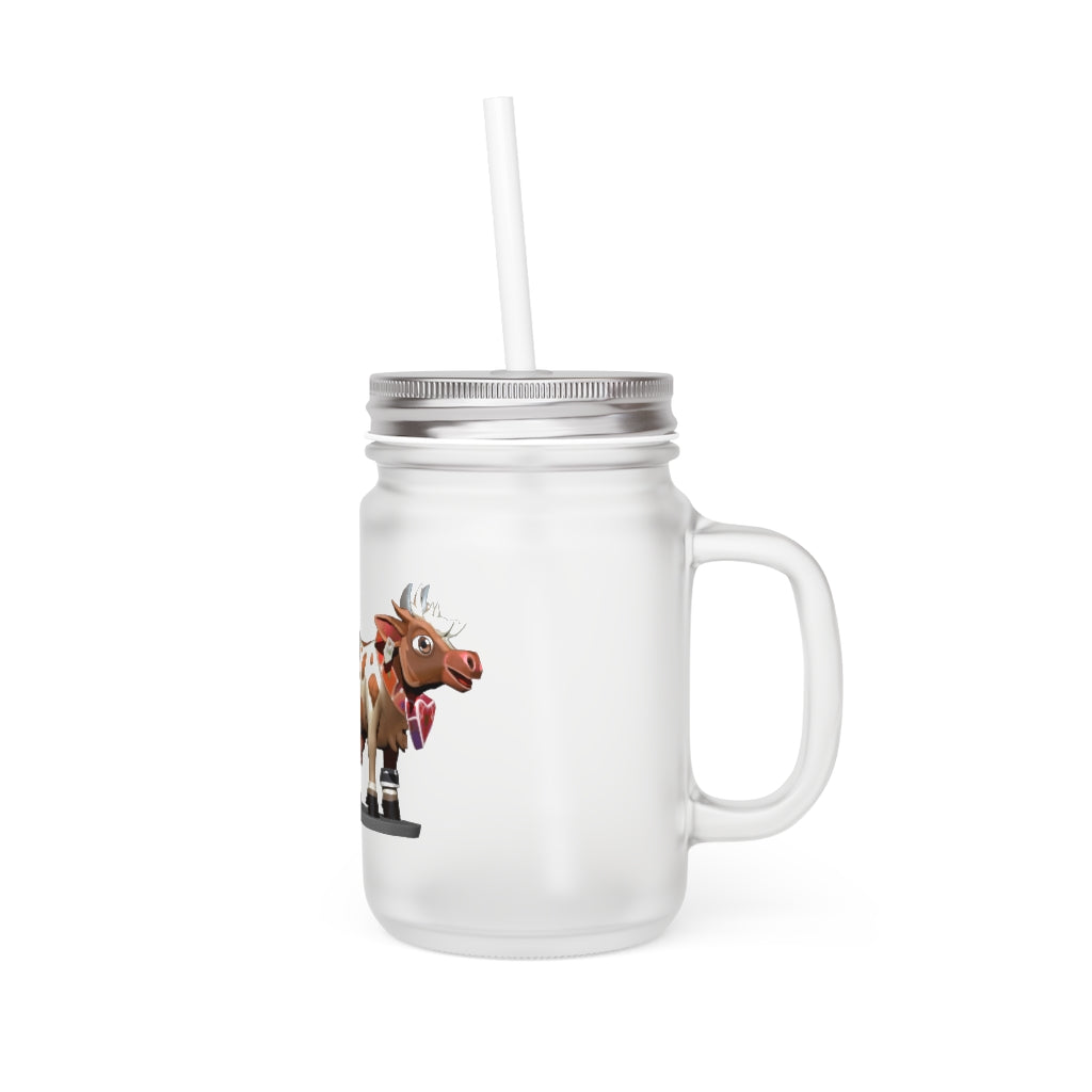 Light Brown Cow Mason Jar with straw and lid, made of frosted glass, perfect for personalized drinks.