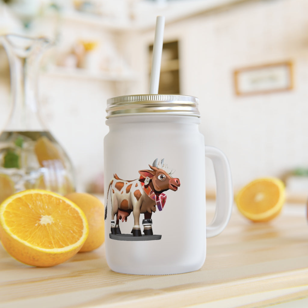 Light Brown Cow Mason Jar with straw and lid, made of frosted glass, perfect for personalized drinks.