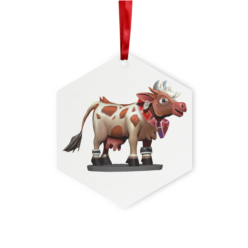 Light Brown Cow Metal Hanging Ornament with red ribbon and gold string, available in hexagon and star shapes, elegantly packaged in a white box.