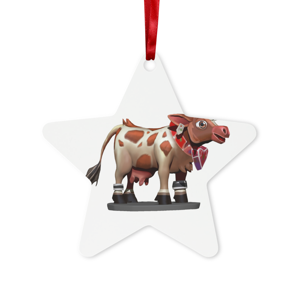 Light Brown Cow Metal Hanging Ornament with red ribbon and gold string, available in hexagon and star shapes, elegantly packaged in a white box.