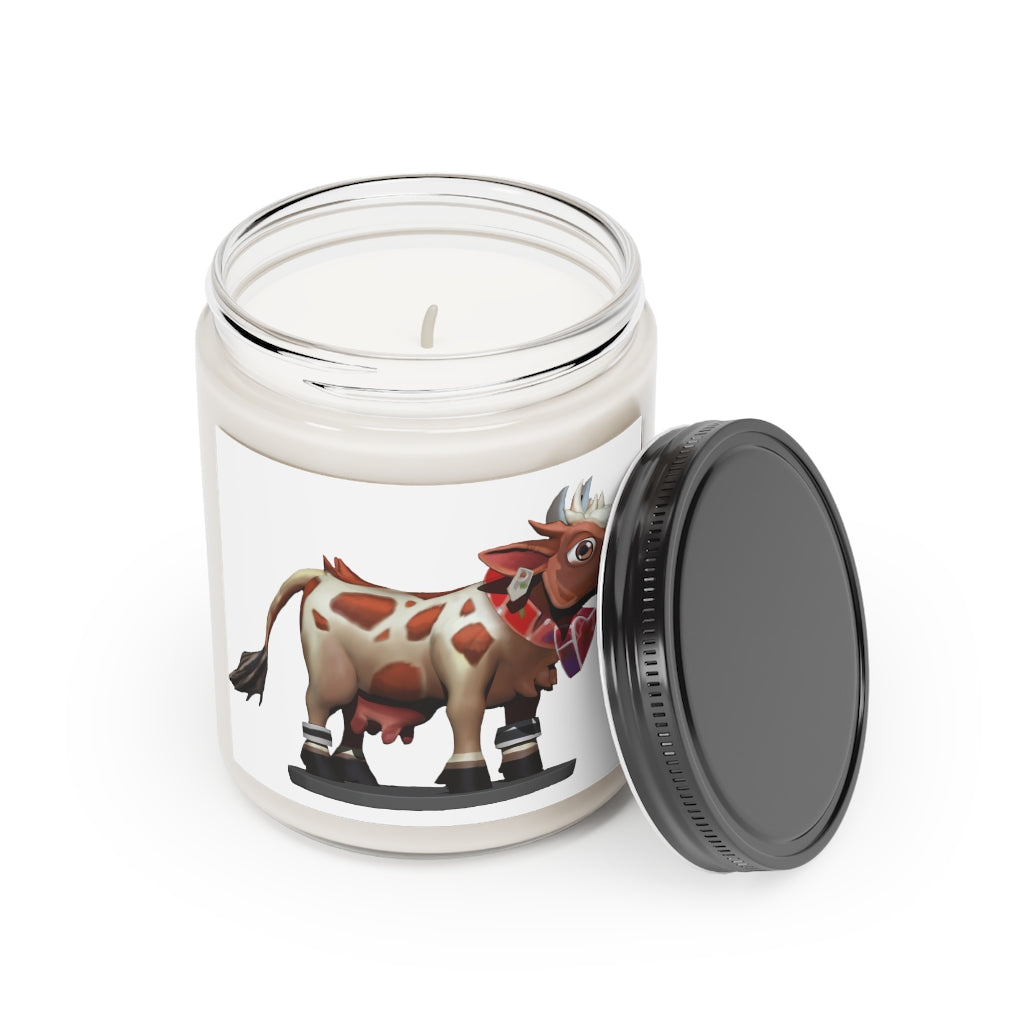 Light Brown Cow Scented Candle in a glass container, featuring a permanent adhesive label, showcasing its vegan soy coconut wax.