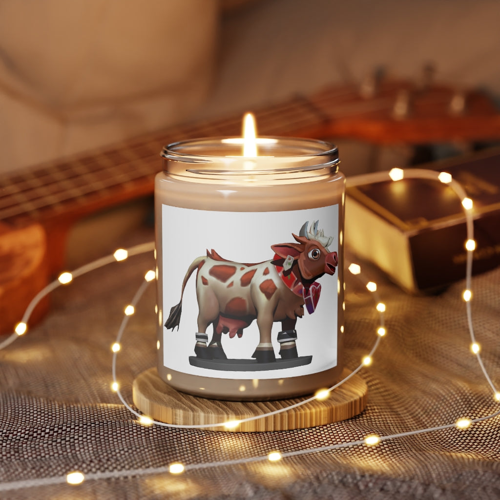 Light Brown Cow Scented Candle in a glass container, featuring a permanent adhesive label, showcasing its vegan soy coconut wax.