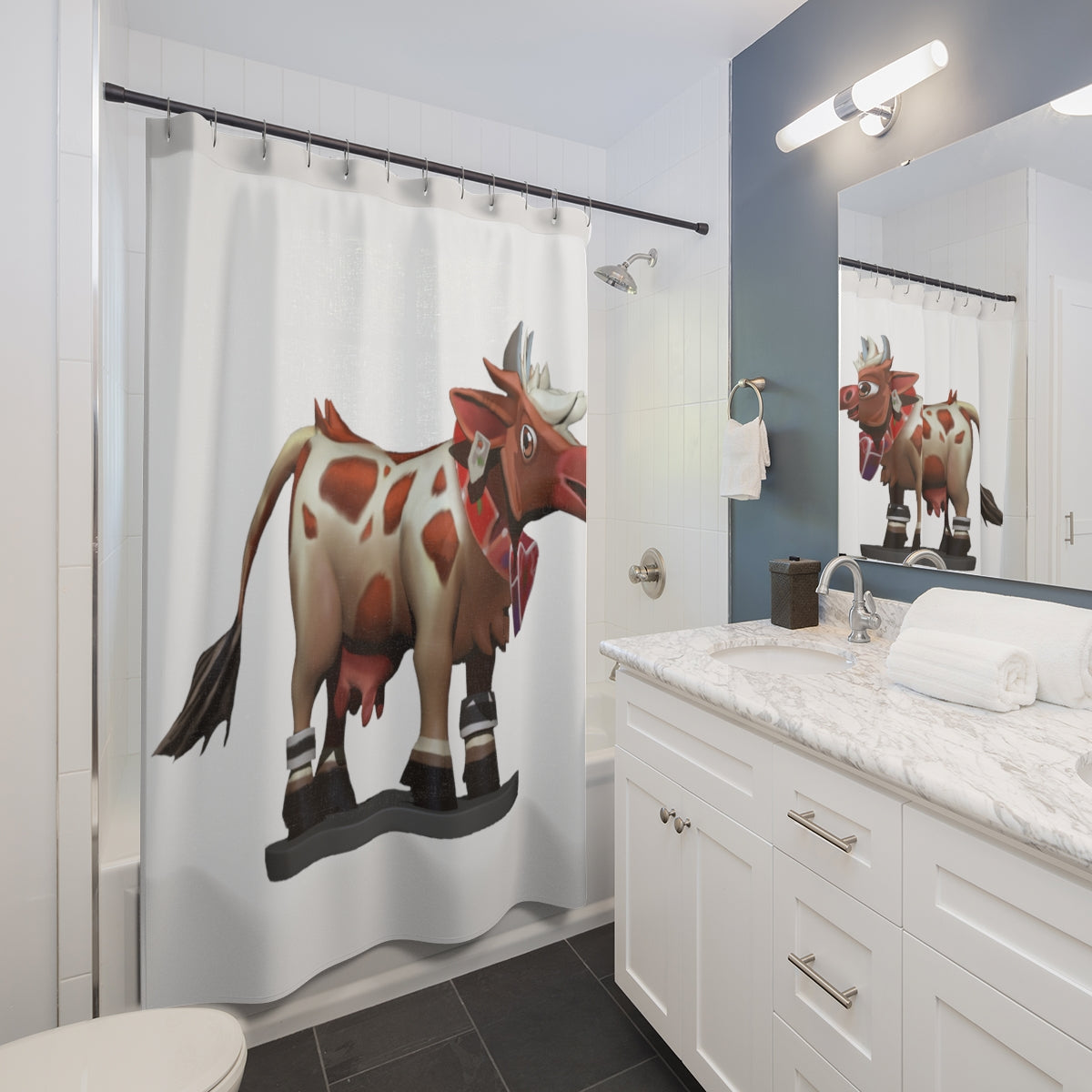 Light Brown Cow Shower Curtain featuring a unique cow design on durable polyester fabric, perfect for adding style to any bathroom.