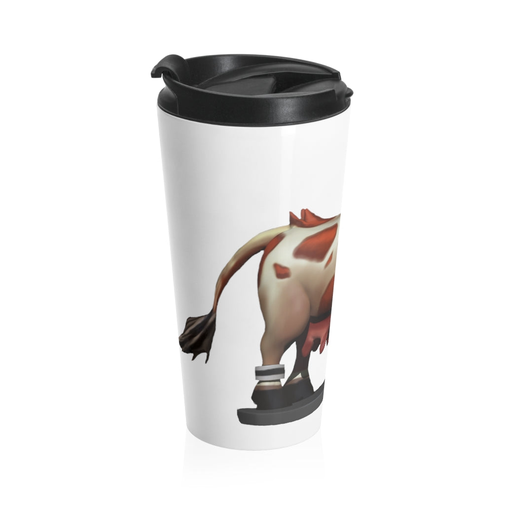 Light Brown Cow Stainless Steel Travel Mug with black lid, showcasing a charming cow design.