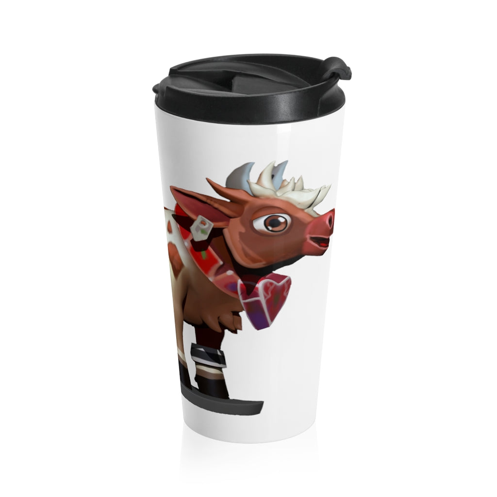 Light Brown Cow Stainless Steel Travel Mug with black lid, showcasing a charming cow design.