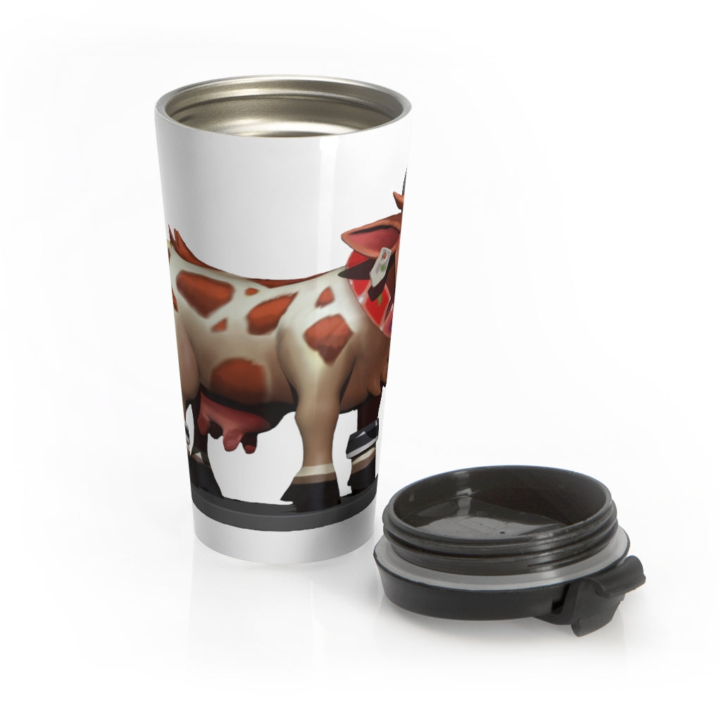 Light Brown Cow Stainless Steel Travel Mug with black lid, showcasing a charming cow design.