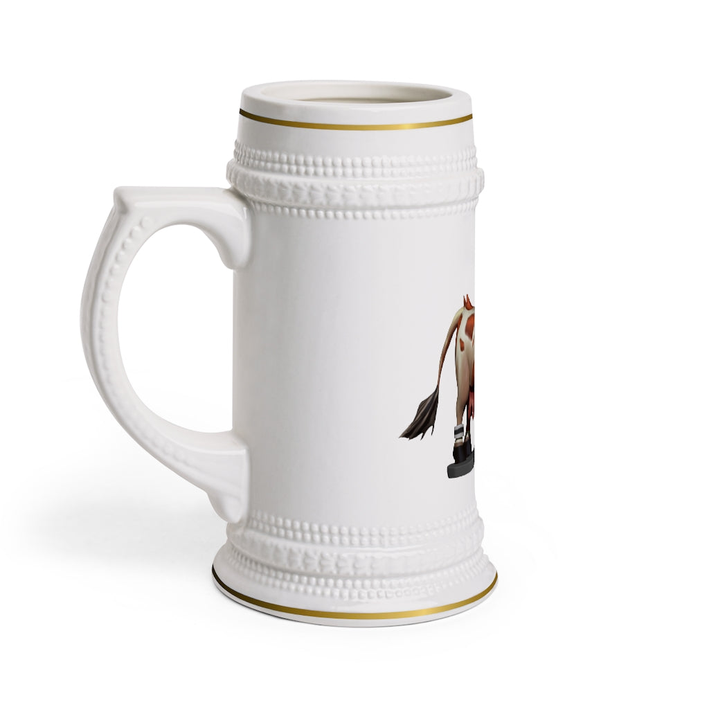 Light Brown Cow Stein Mug made of durable white ceramic with ribbed outlines, perfect for customization and various beverages.