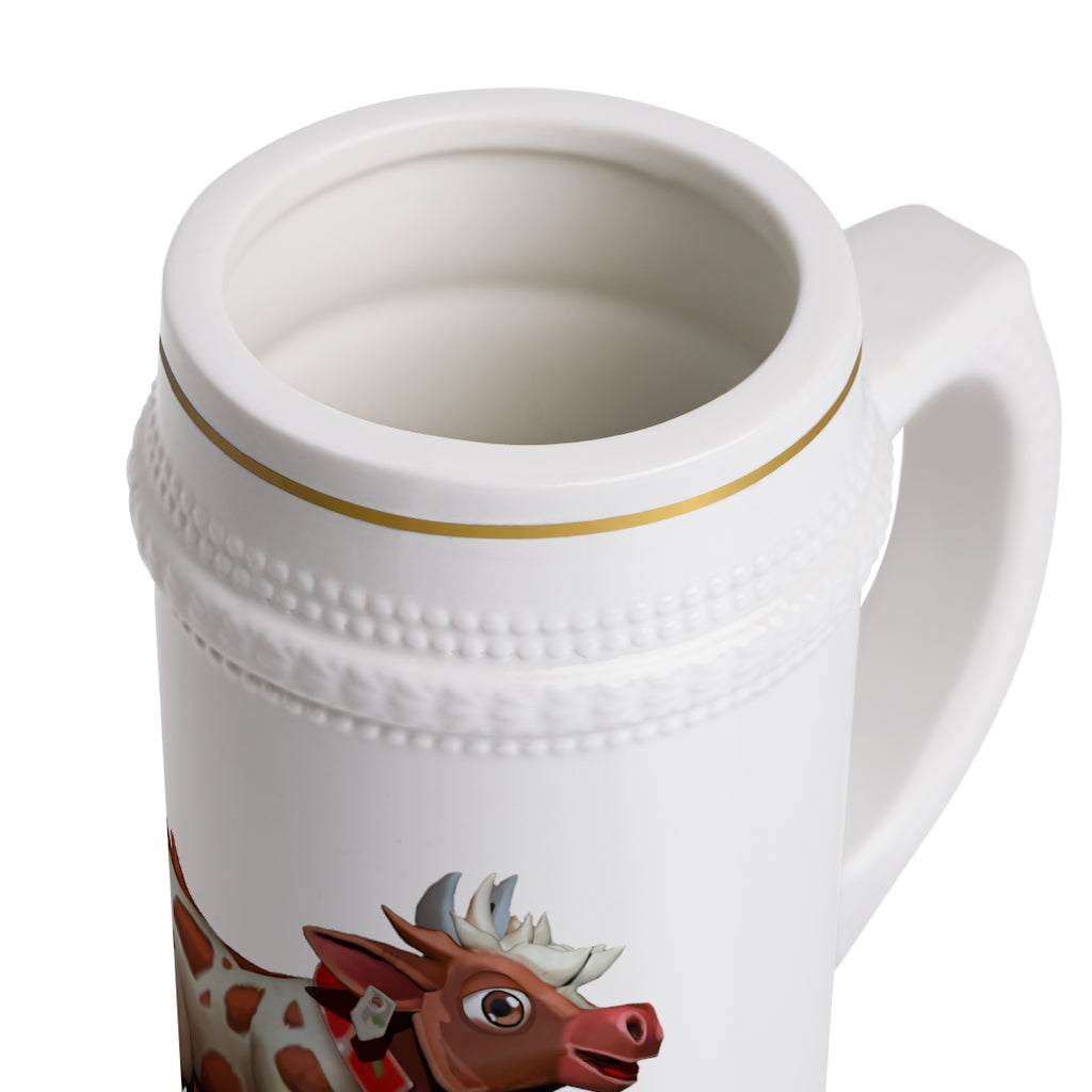 Light Brown Cow Stein Mug made of durable white ceramic with ribbed outlines, perfect for customization and various beverages.