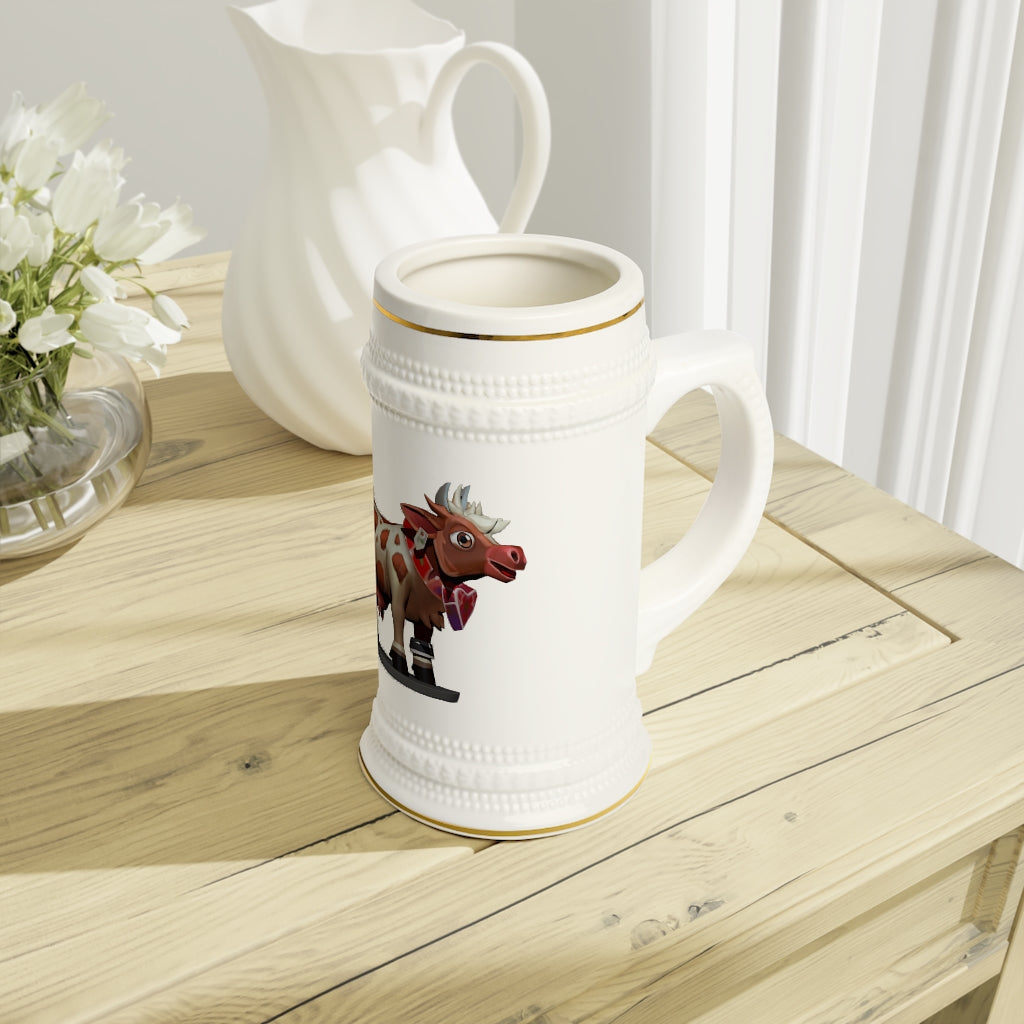 Light Brown Cow Stein Mug made of durable white ceramic with ribbed outlines, perfect for customization and various beverages.