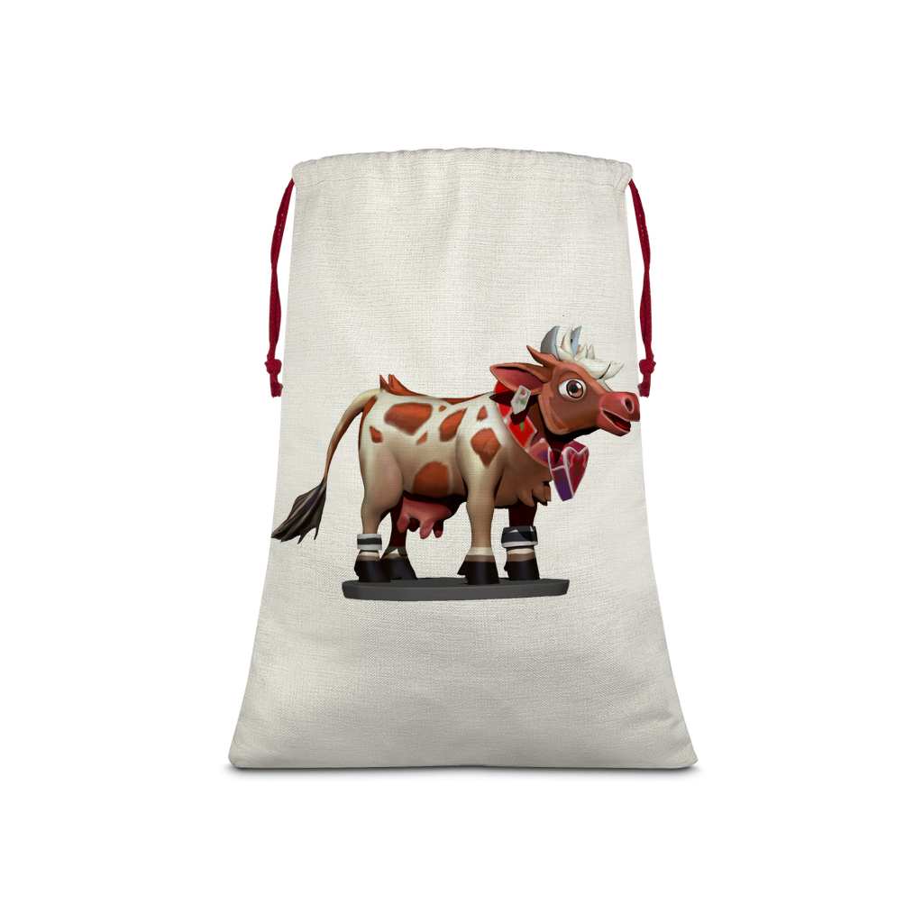 Light Brown Cow Sublimation Linen Drawstring Sack with red drawstring, showcasing a vibrant cow print design, ideal for Christmas gifts and laundry.