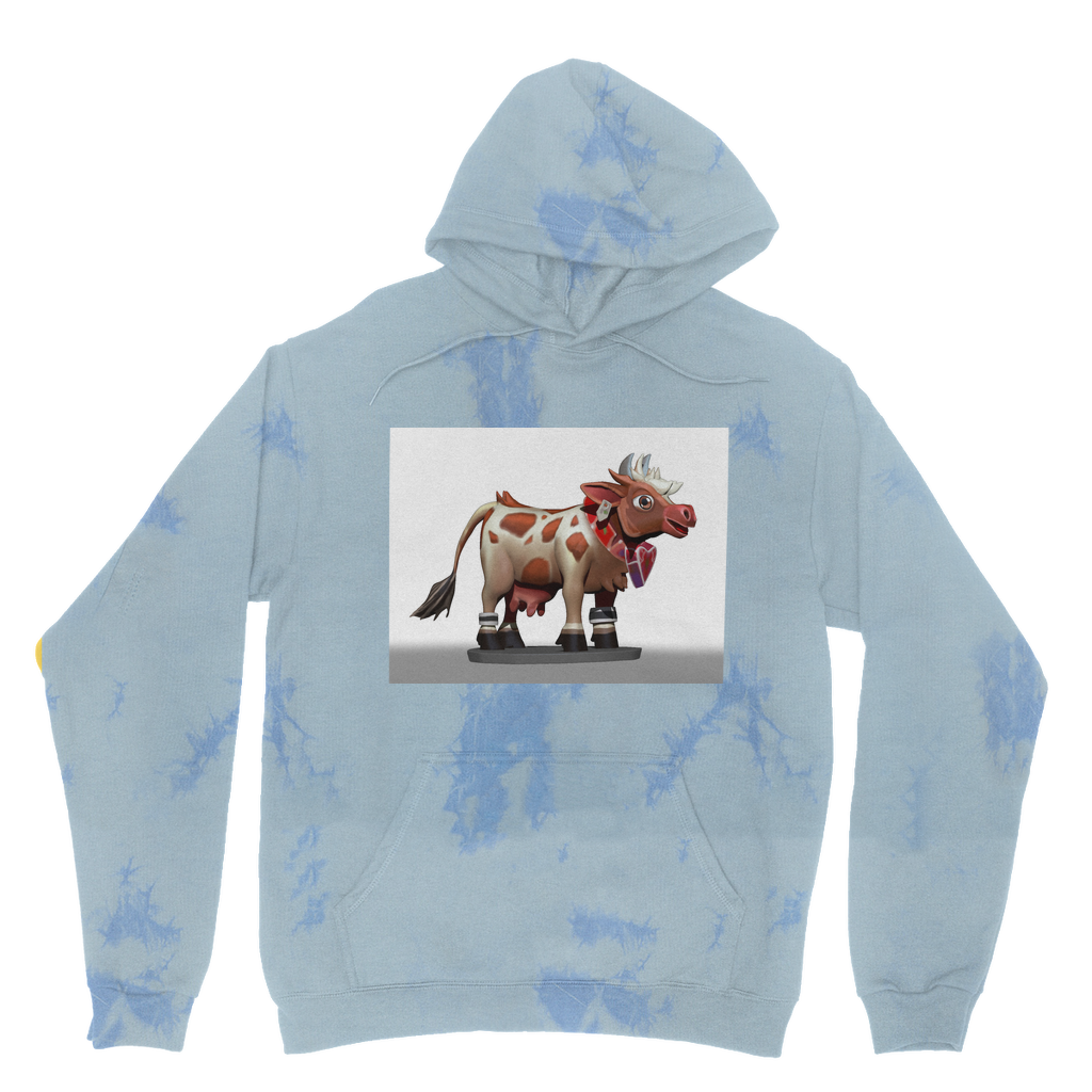 Light Brown Cow Tie Dye Hoodie featuring a unique tie dye pattern, double fabric hood, and front pouch pocket.