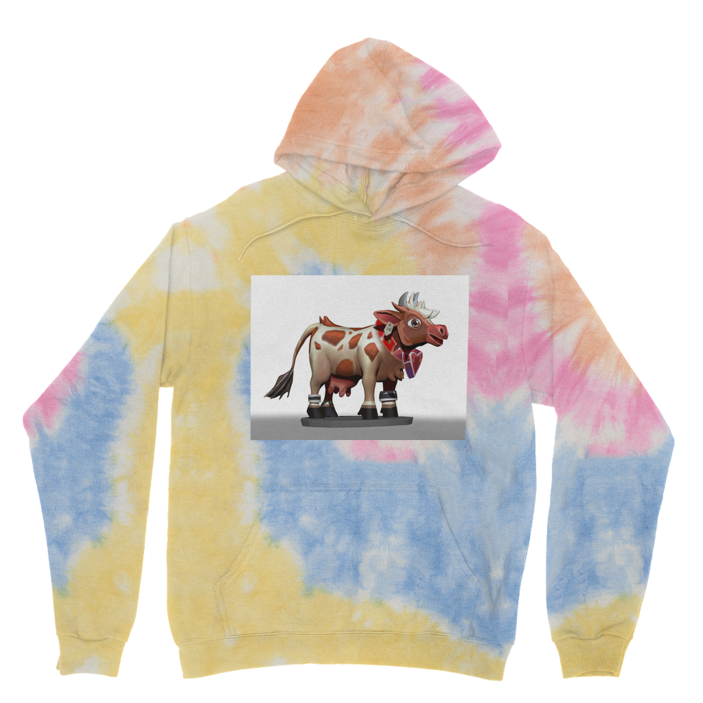 Light Brown Cow Tie Dye Hoodie featuring a unique tie dye pattern, double fabric hood, and front pouch pocket.