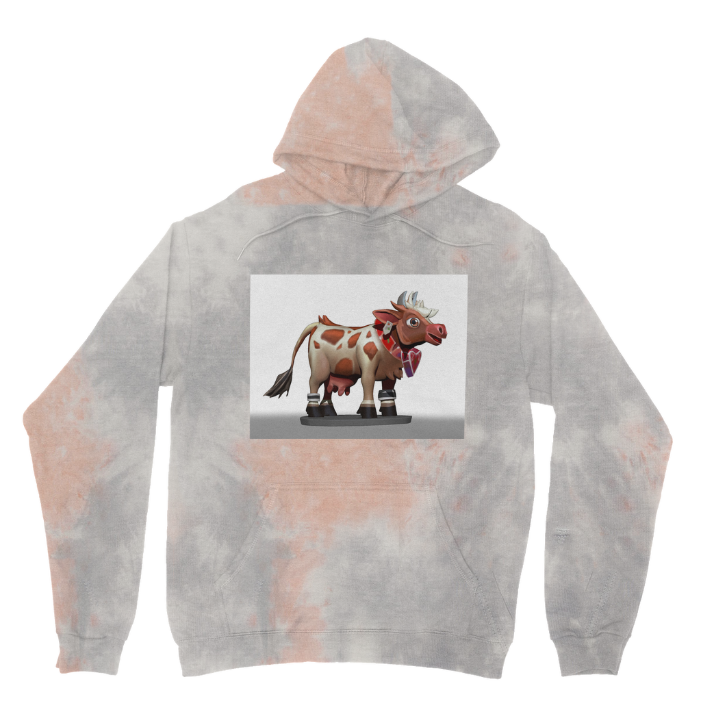 Light Brown Cow Tie Dye Hoodie featuring a unique tie dye pattern, double fabric hood, and front pouch pocket.