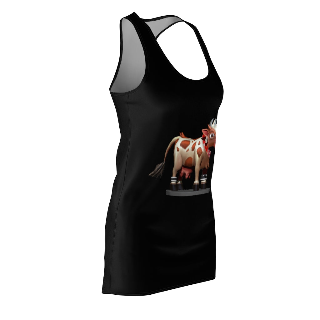 Light Brown Cow Women's Cut & Sew Racerback Dress featuring a unique cow print design, sporty fit, and tagless comfort.