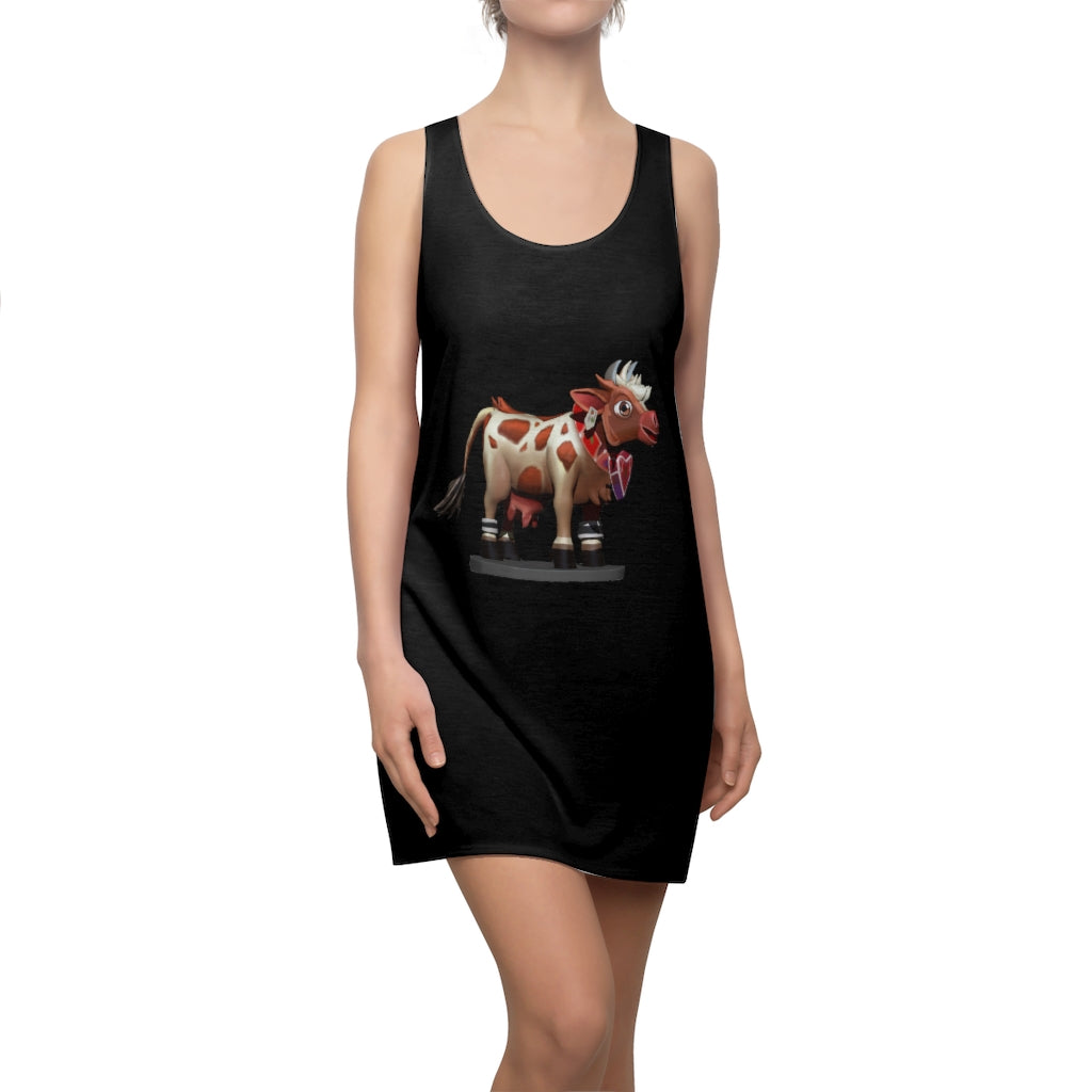 Light Brown Cow Women's Cut & Sew Racerback Dress featuring a unique cow print design, sporty fit, and tagless comfort.