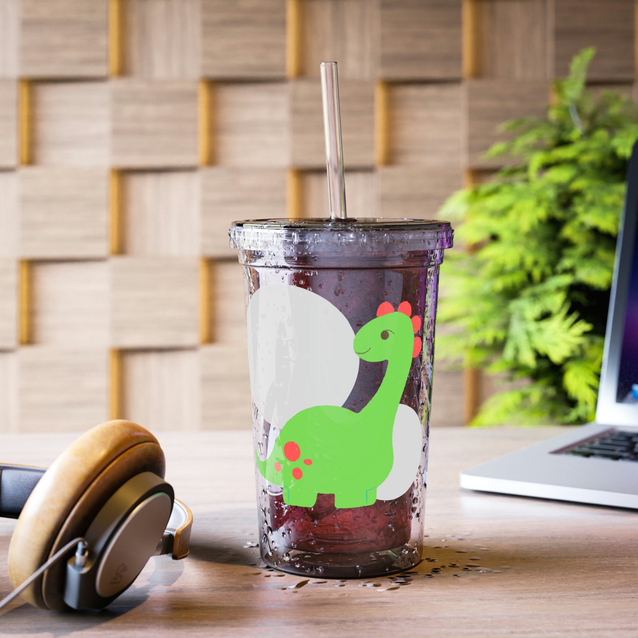 Light Green Long Neck Dinosaur Suave Acrylic Cup with straw and lid, featuring a playful dinosaur design.