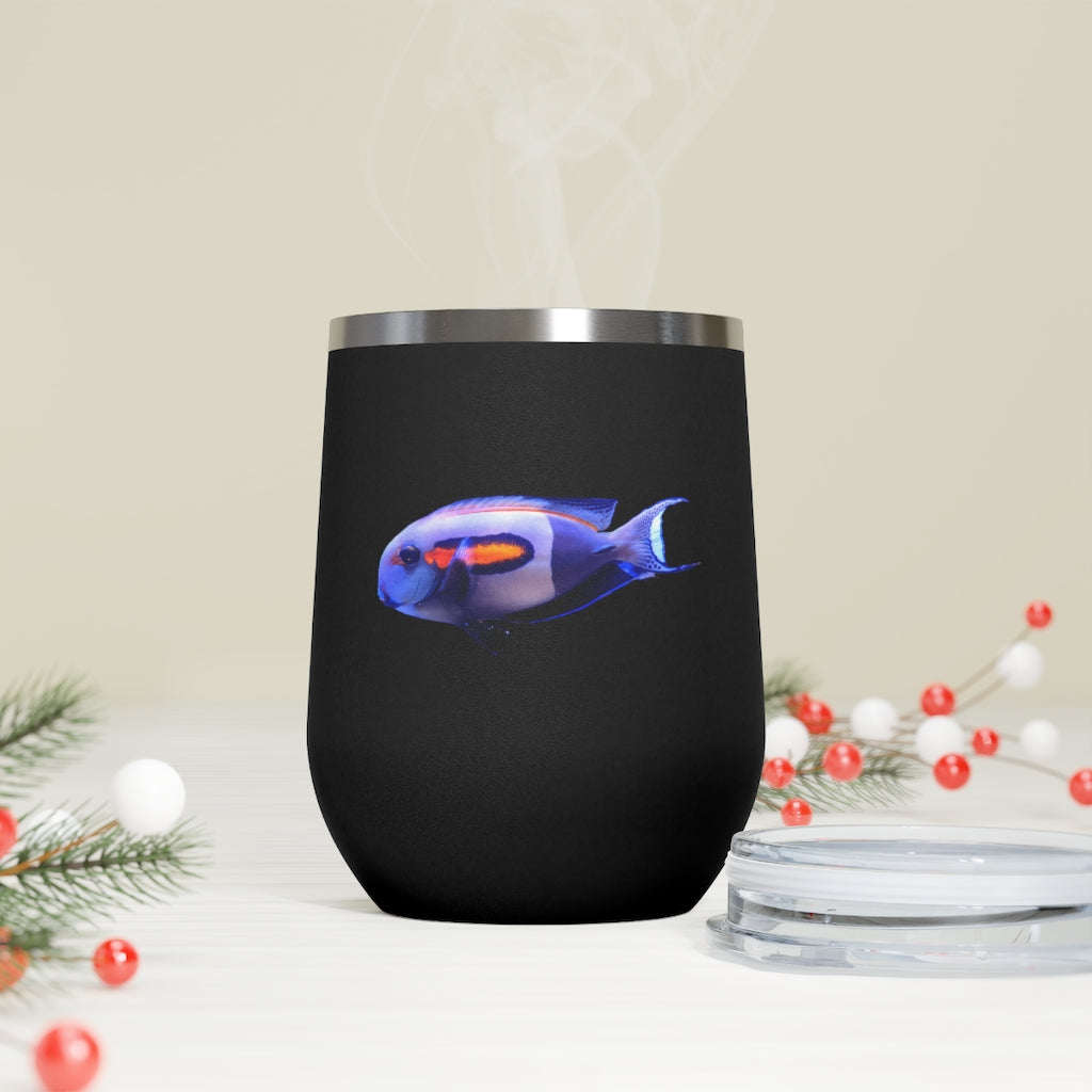 Light White Fish 12oz Insulated Wine Tumbler with clear lid, showcasing a stylish design suitable for hot and cold beverages.