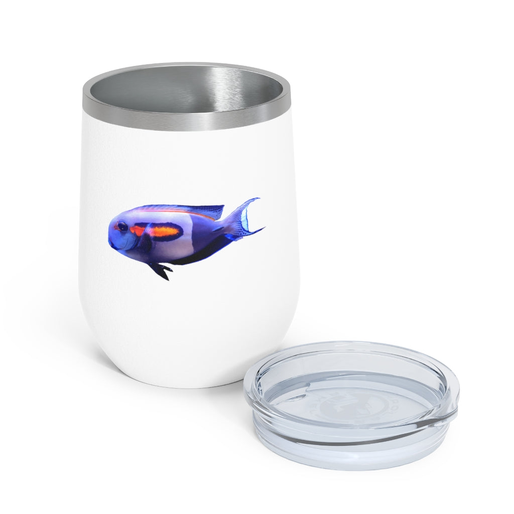 Light White Fish 12oz Insulated Wine Tumbler with clear lid, showcasing a stylish design suitable for hot and cold beverages.