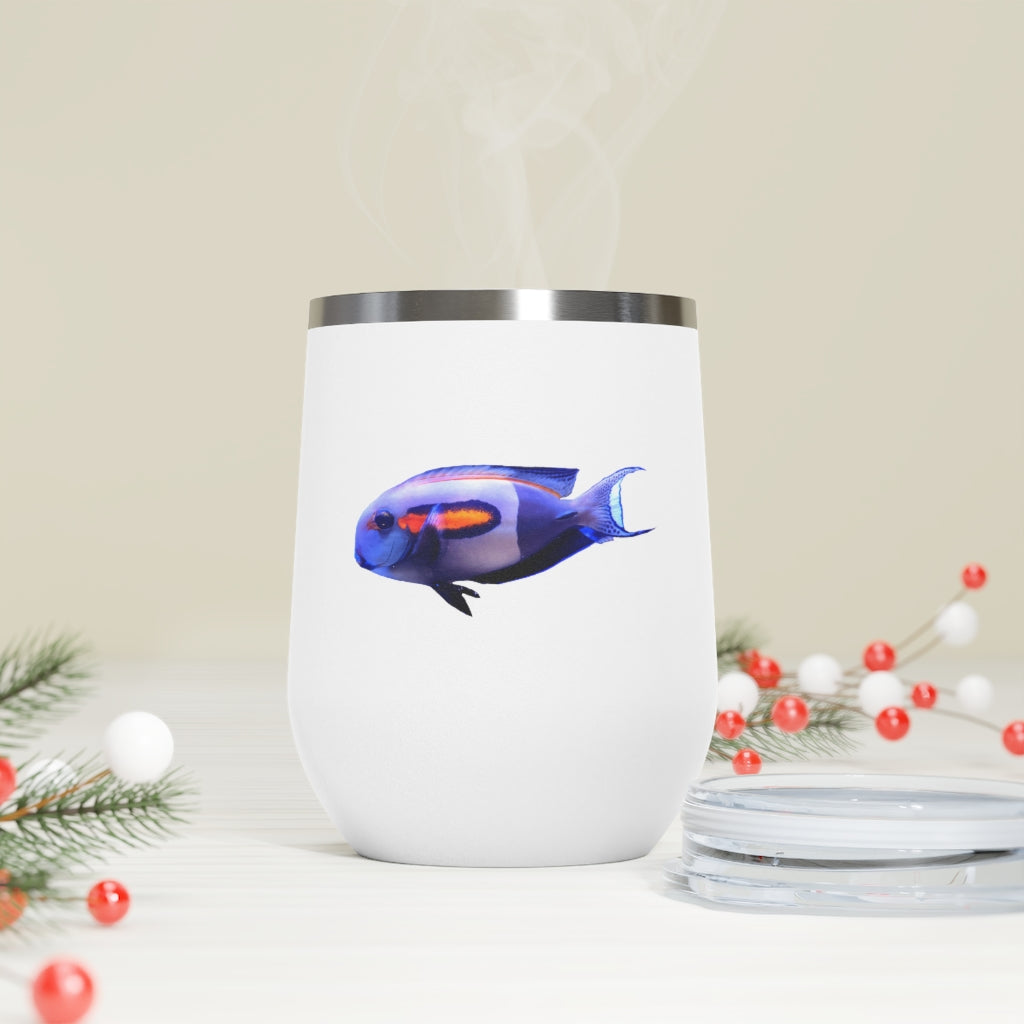 Light White Fish 12oz Insulated Wine Tumbler with clear lid, showcasing a stylish design suitable for hot and cold beverages.