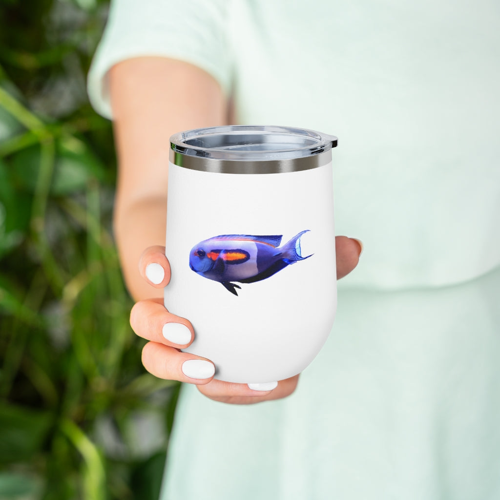 Light White Fish 12oz Insulated Wine Tumbler with clear lid, showcasing a stylish design suitable for hot and cold beverages.