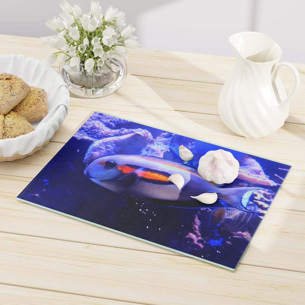 Light White Fish Cutting Board made of tempered glass with rubber dots for stability, showcasing a modern and elegant design.