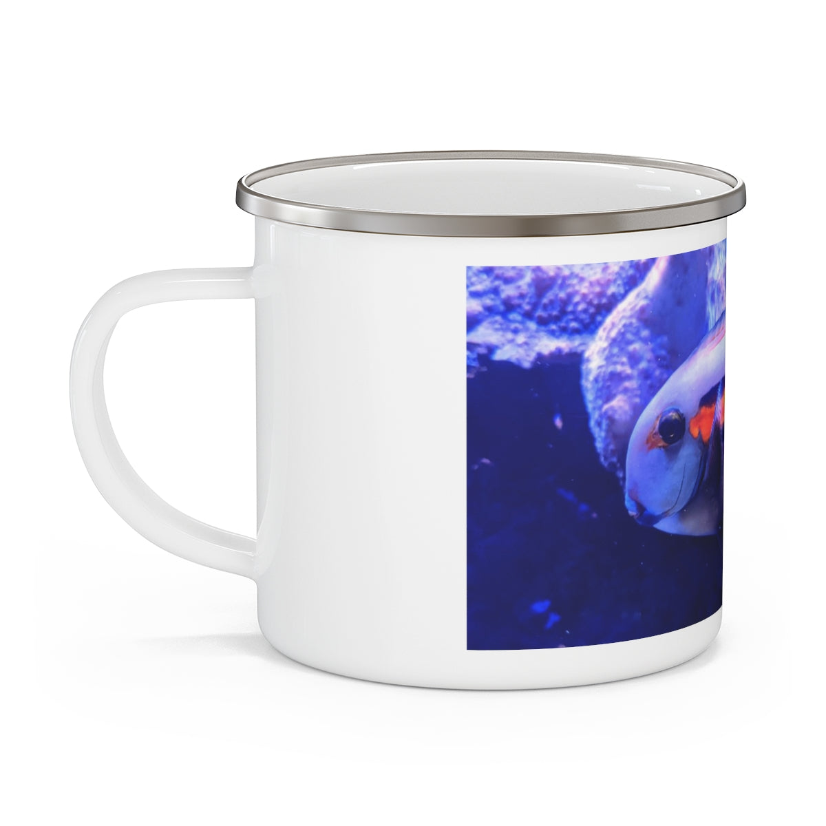 Light White Fish Enamel Camping Mug with a C-handle, featuring a stylish design and durable enamel finish, perfect for outdoor use.