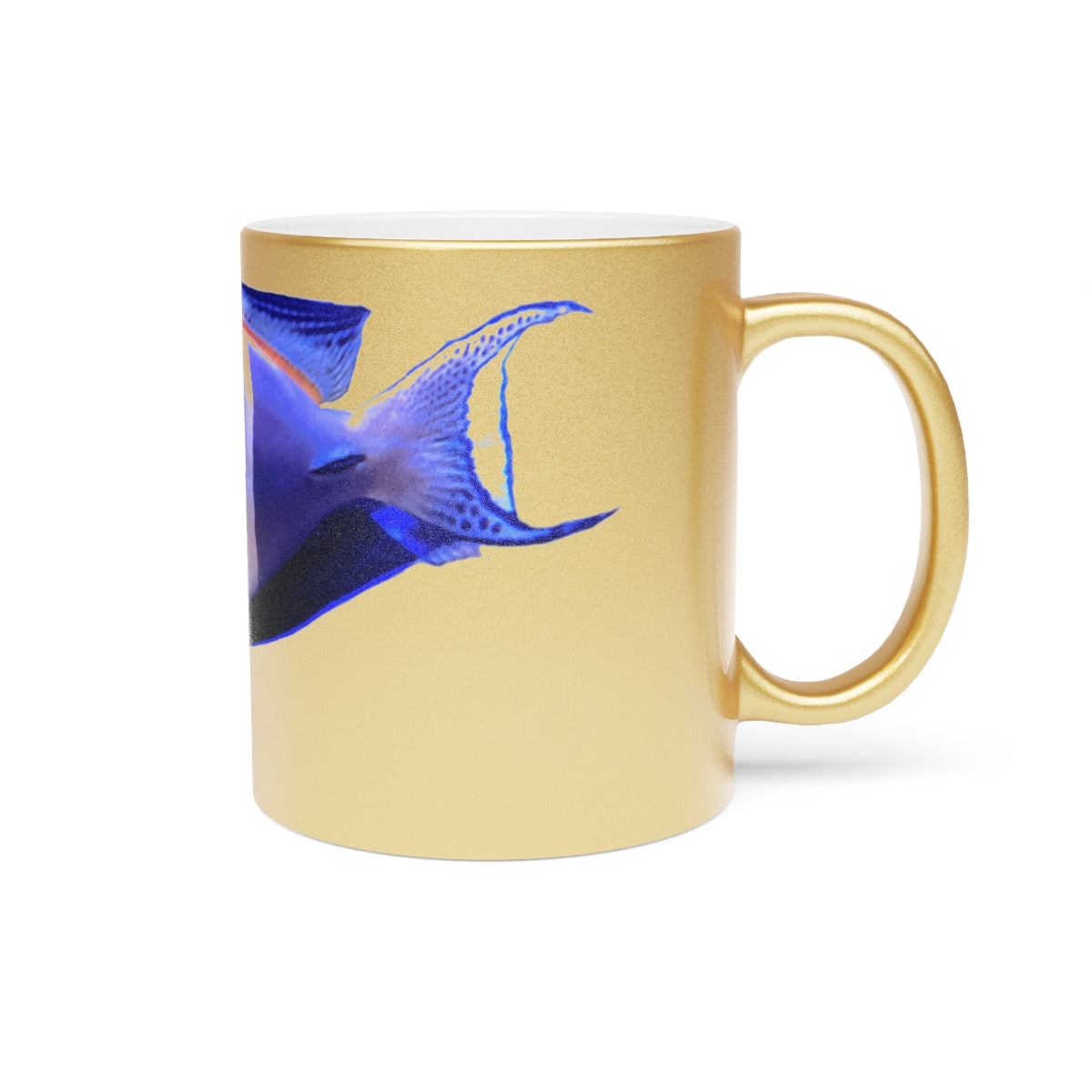 Light White Fish Metallic Mug in Silver and Gold finishes, showcasing a personalized design option on a ceramic surface.