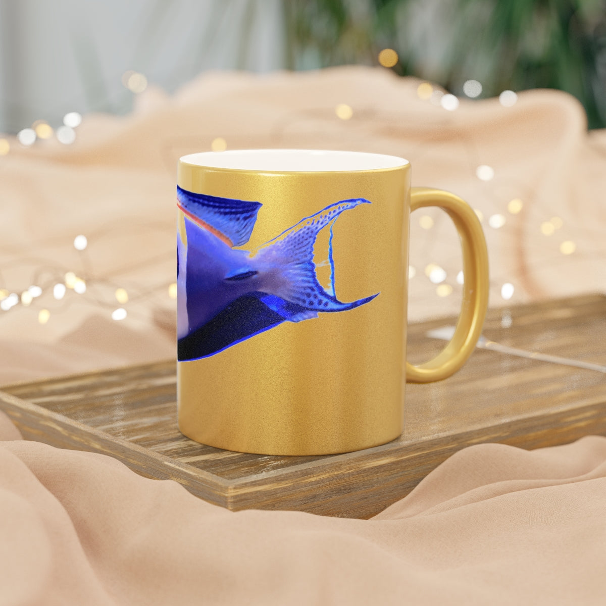 Light White Fish Metallic Mug in Silver and Gold finishes, showcasing a personalized design option on a ceramic surface.