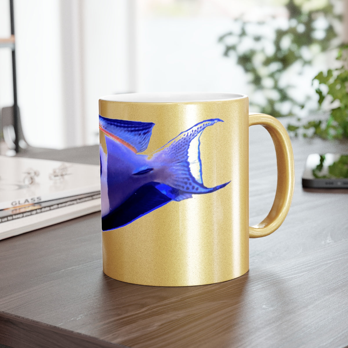 Light White Fish Metallic Mug in Silver and Gold finishes, showcasing a personalized design option on a ceramic surface.