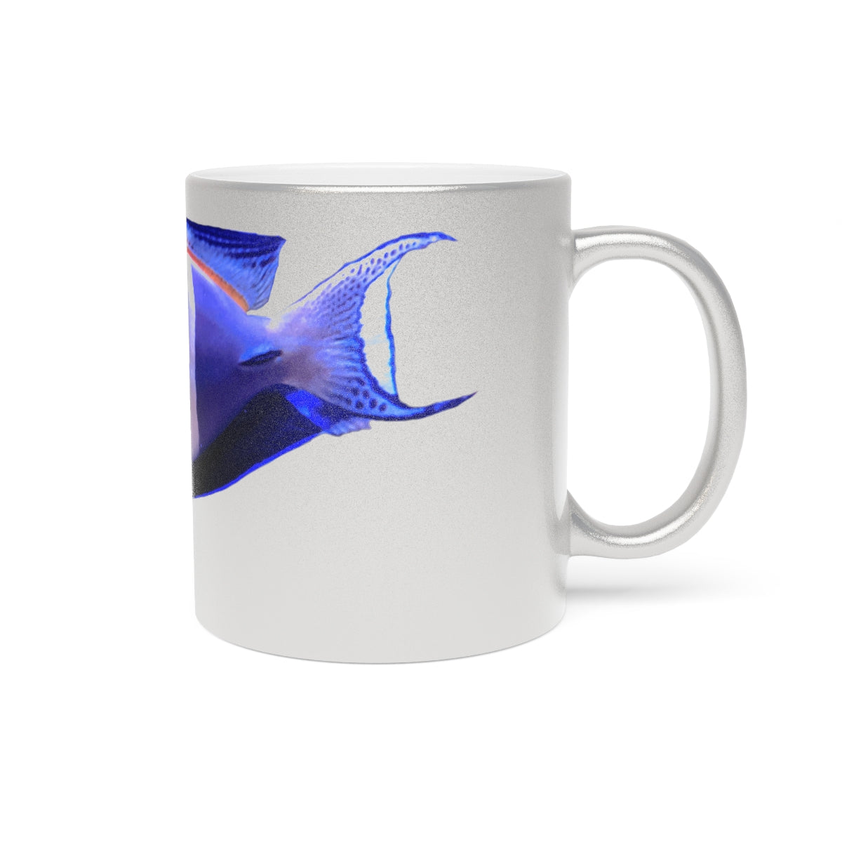 Light White Fish Metallic Mug in Silver and Gold finishes, showcasing a personalized design option on a ceramic surface.