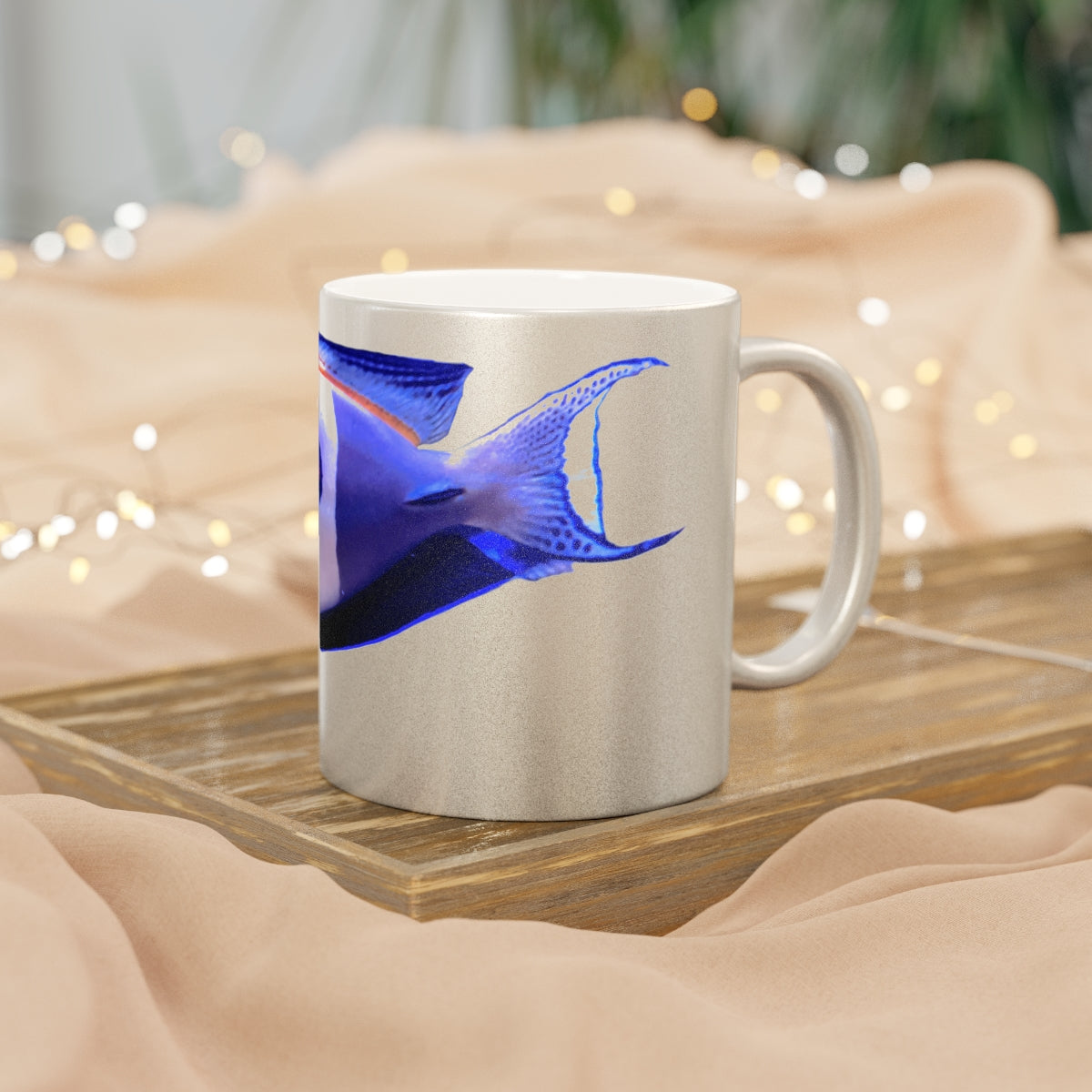 Light White Fish Metallic Mug in Silver and Gold finishes, showcasing a personalized design option on a ceramic surface.