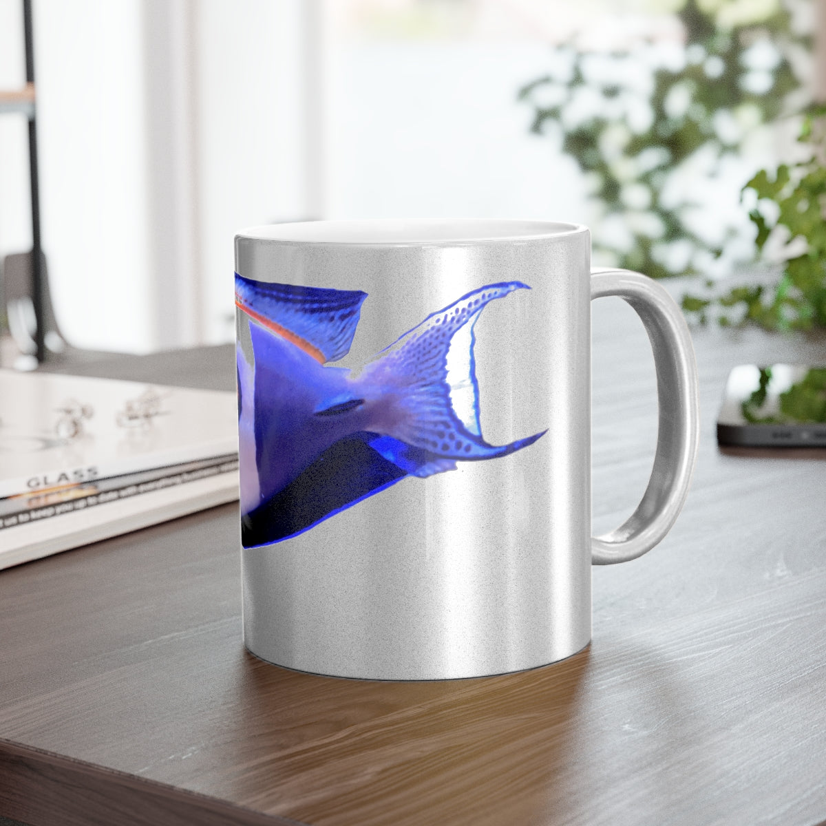 Light White Fish Metallic Mug in Silver and Gold finishes, showcasing a personalized design option on a ceramic surface.