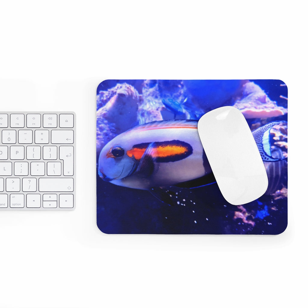 Light White Fish Mouse Pad featuring a vibrant fish design on a smooth neoprene surface, ideal for enhancing desk aesthetics.