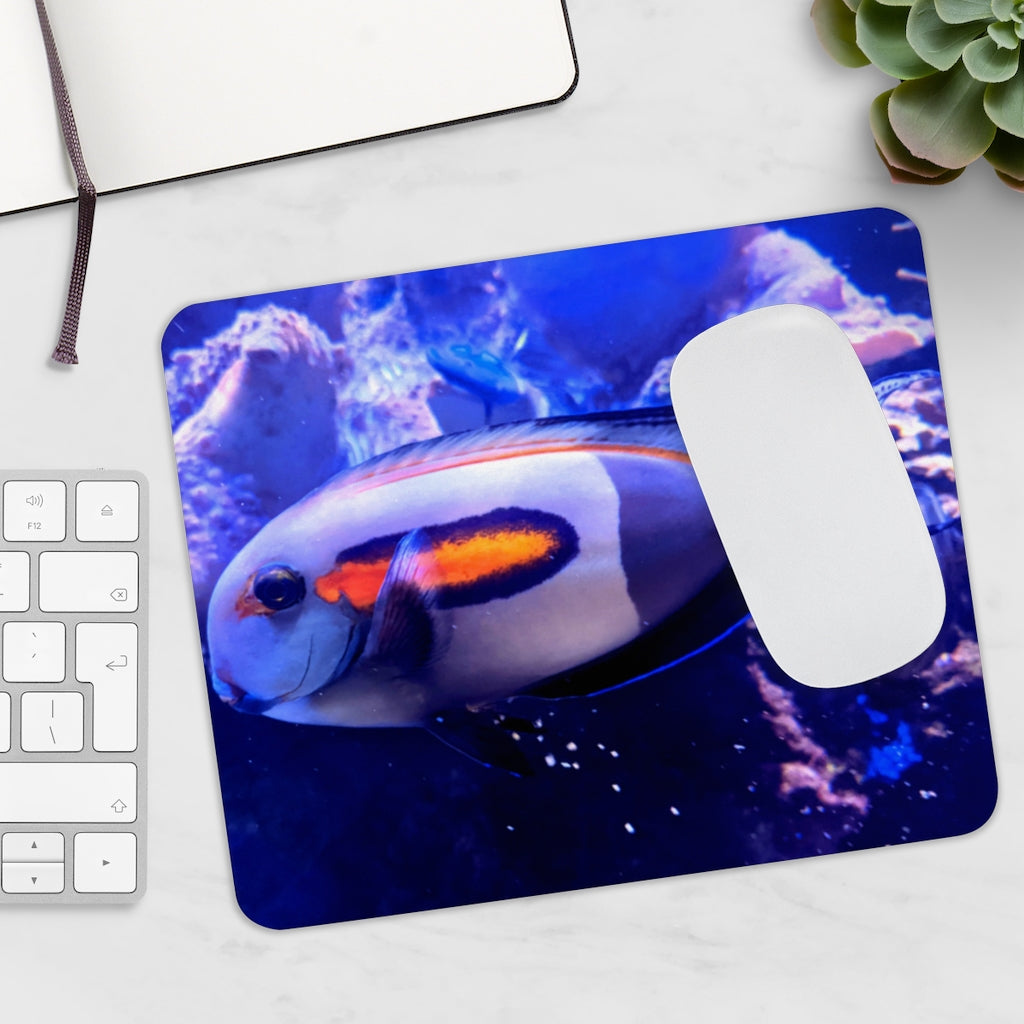 Light White Fish Mouse Pad featuring a vibrant fish design on a smooth neoprene surface, ideal for enhancing desk aesthetics.