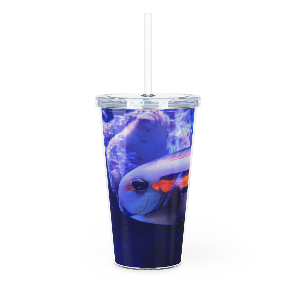 Light White Fish Plastic Tumbler with Straw, featuring a customizable design and double wall insulation for drinks.